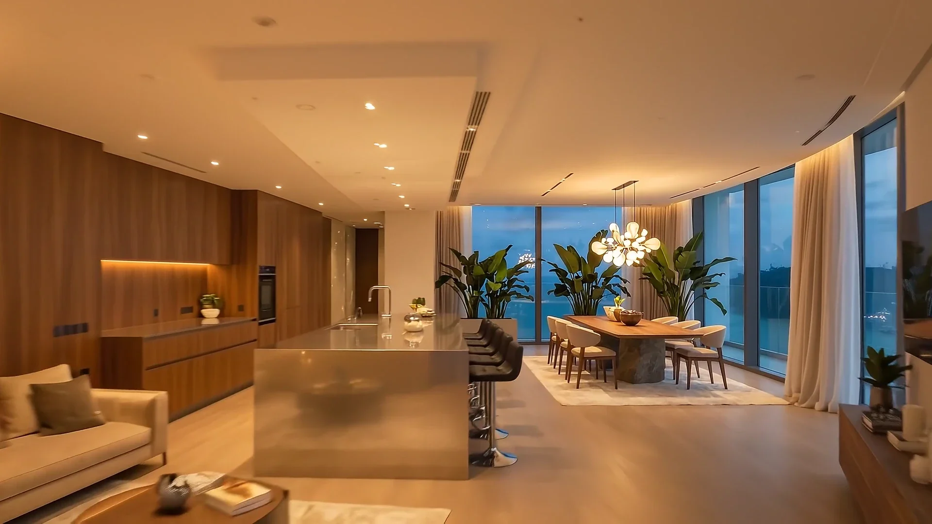 Living room with beige sofas, walnut wall panels and a floor lamp at dusk