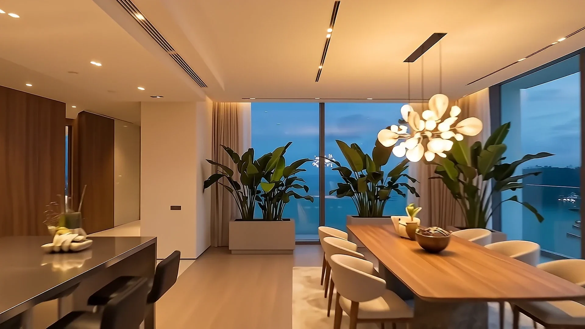 Dining area with a walnut table, cream chairs and a petal pendant light