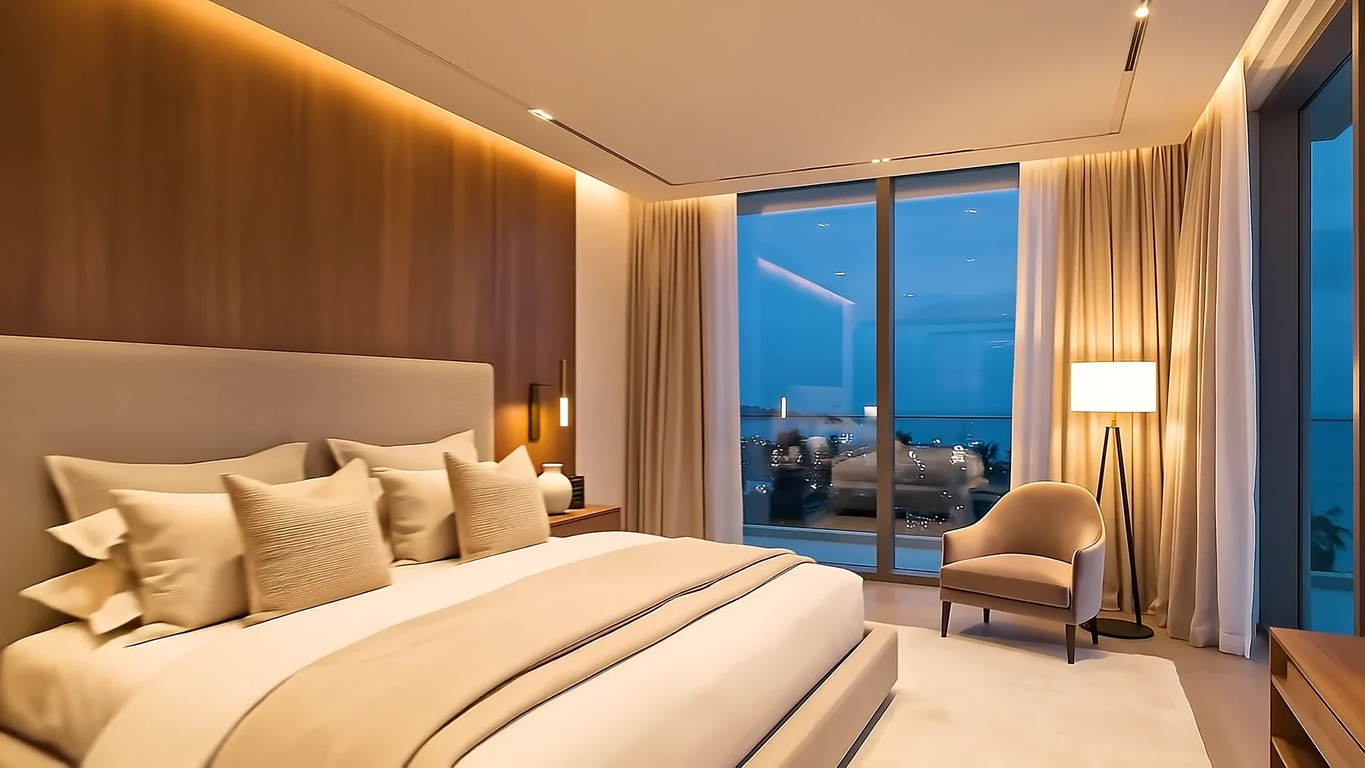 Master bedroom with a cream bed, walnut headboard wall and city view