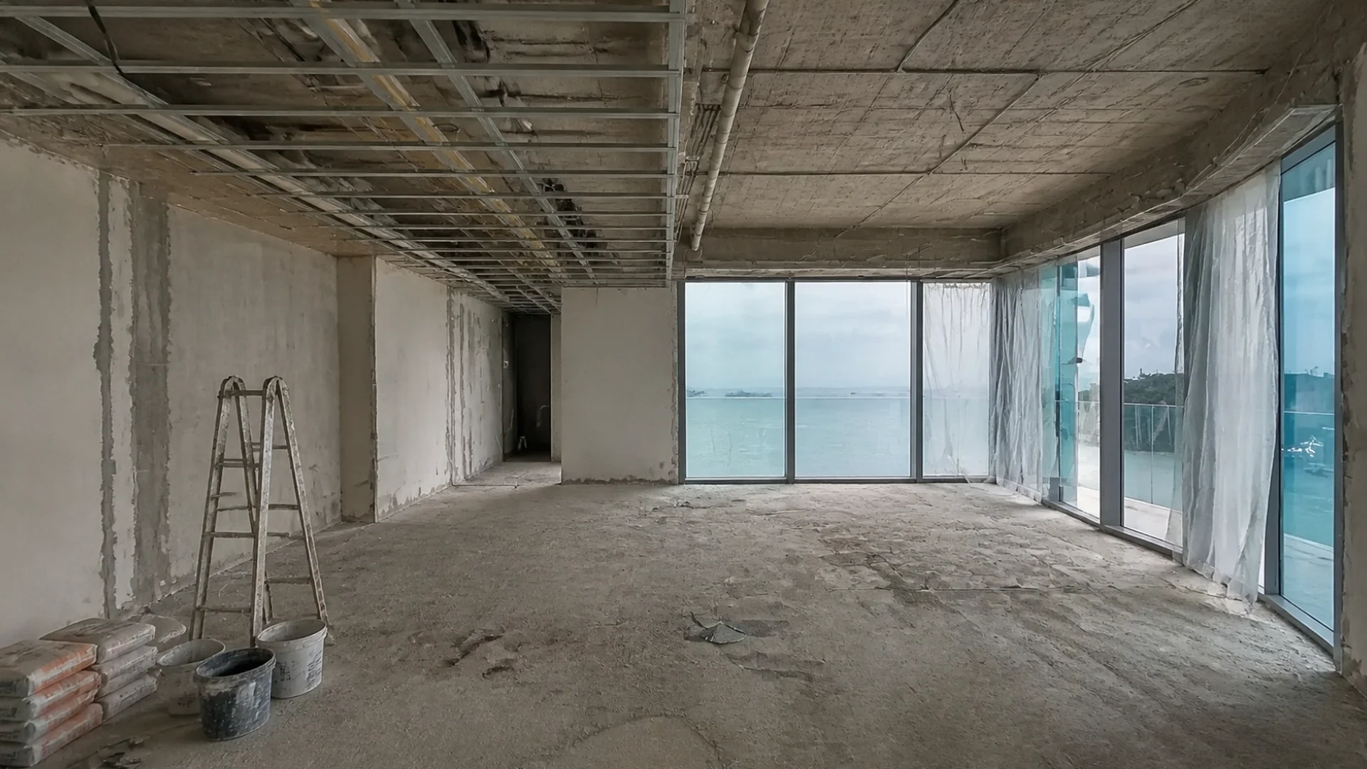 The same living room as a bare concrete shell under renovation