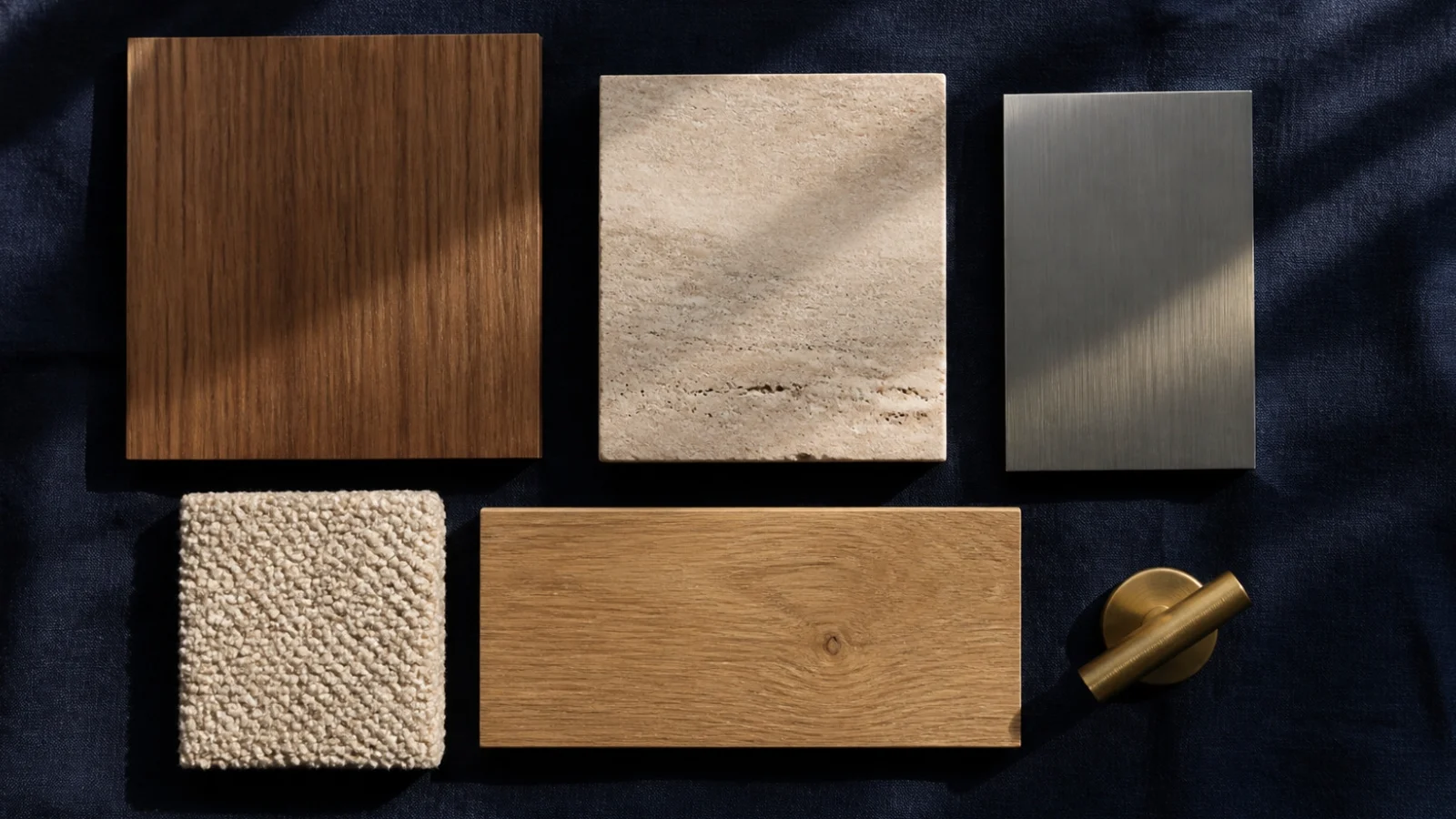 Sample board: walnut veneer, travertine, brushed steel, wool boucle, oak plank and a brass handle on navy linen