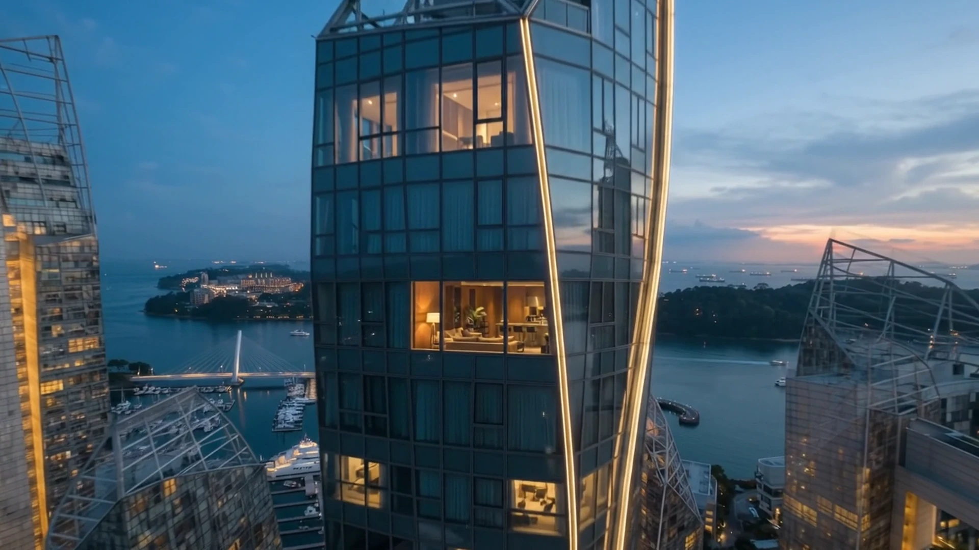 Curved glass residential tower lit at dusk