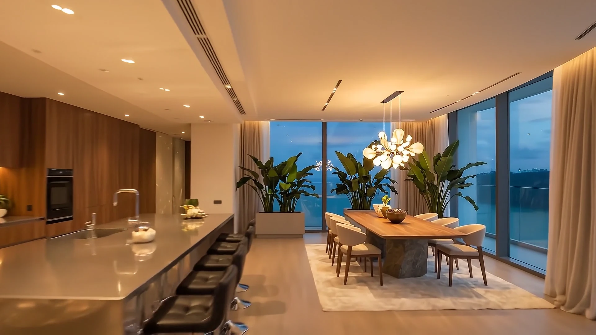 Brushed steel kitchen island with black bar stools