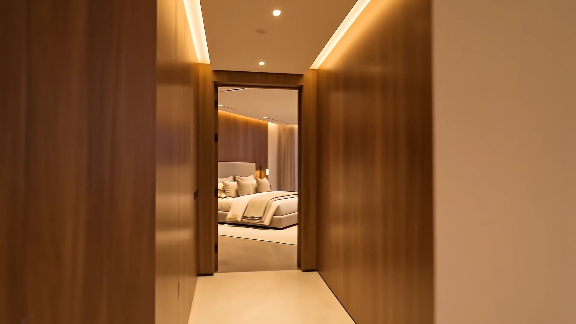 Corridor lined with walnut panels and soft cove lighting