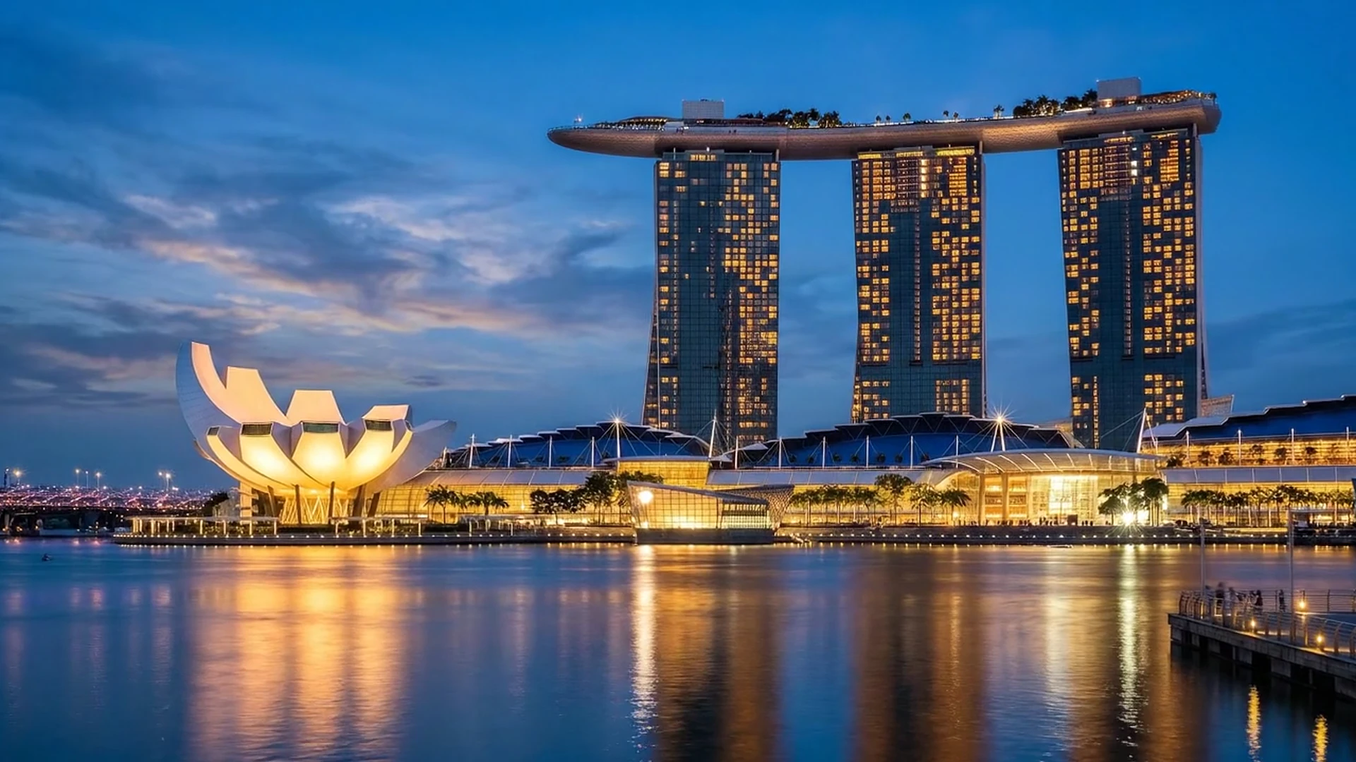 Marina Bay Sands and the bay at blue hour